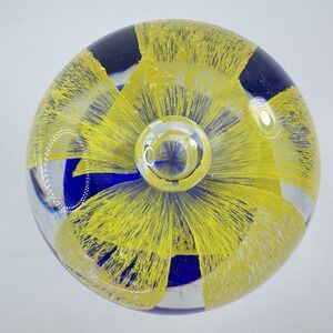 Vtg Glass Paperweight Blown Yellow Flower with Cobalt Blue Base In Clear Glass